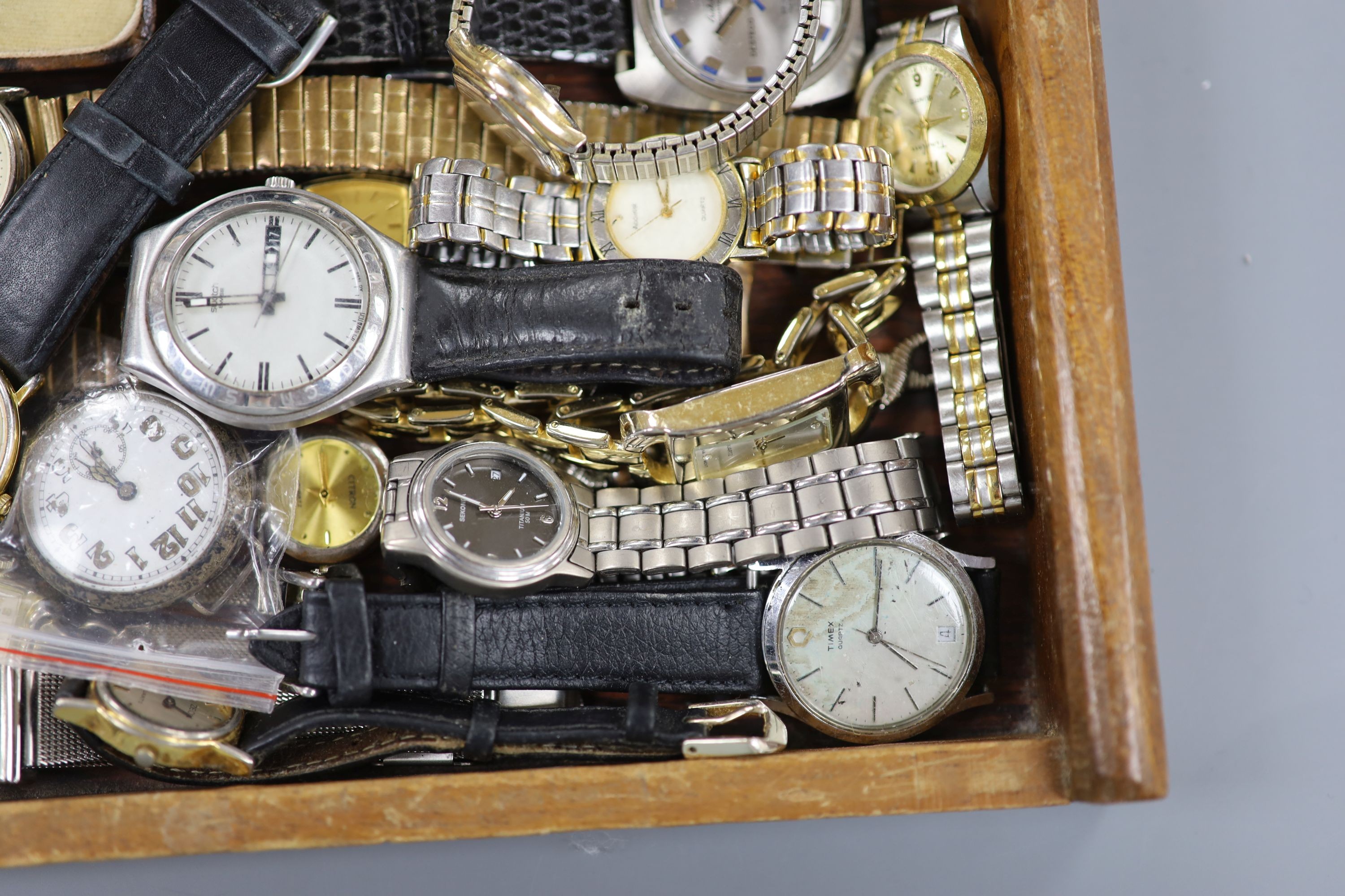 A lady's 9ct gold cased manual wind wrist watch and a quantity of assorted wrist and pocket watches.